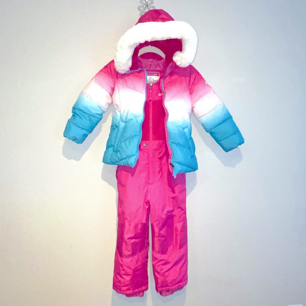 Snozu Snowsuit Bib Jacket Pink/Blue with or w/o Pink Snow Gloves Sz S/M Toddler